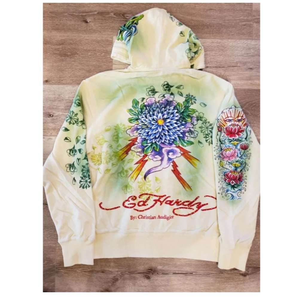Ed Hardy by Christian Audigier Men Multi Color Vintage Hoodie Lotus